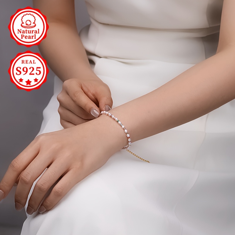 Women's S925 Silver 3-4mm White Baroque Freshwater Pearls Bracelet